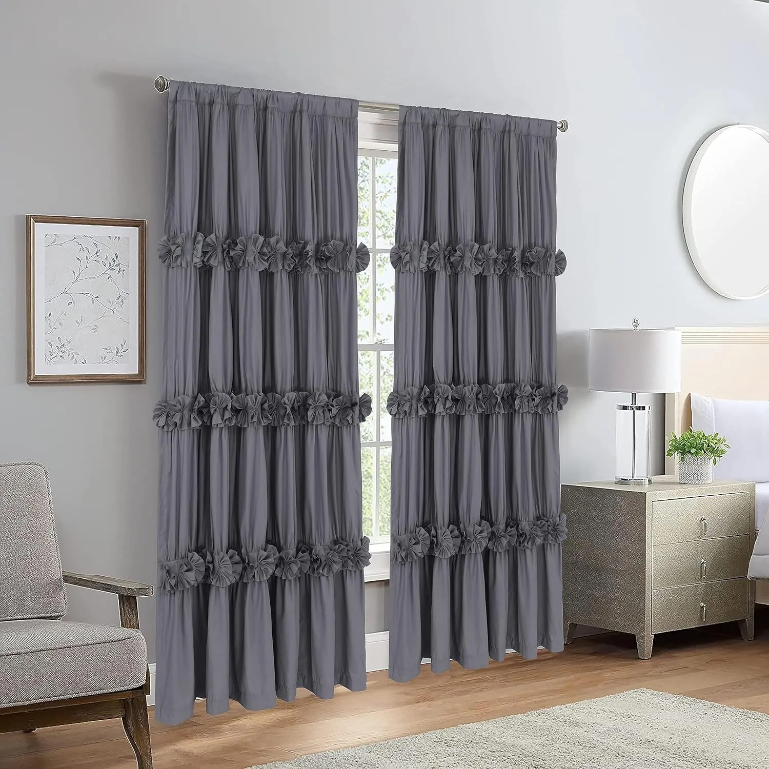 Thermal Insulated Blackout Window Curtains, 54" W x 84" L x 2 Panels, Boho Ruched Window Treatments with 3 Rows of Butterfly Flowers, Rustic Rod Pocket Drapes for Room, Gray (LQ-30)