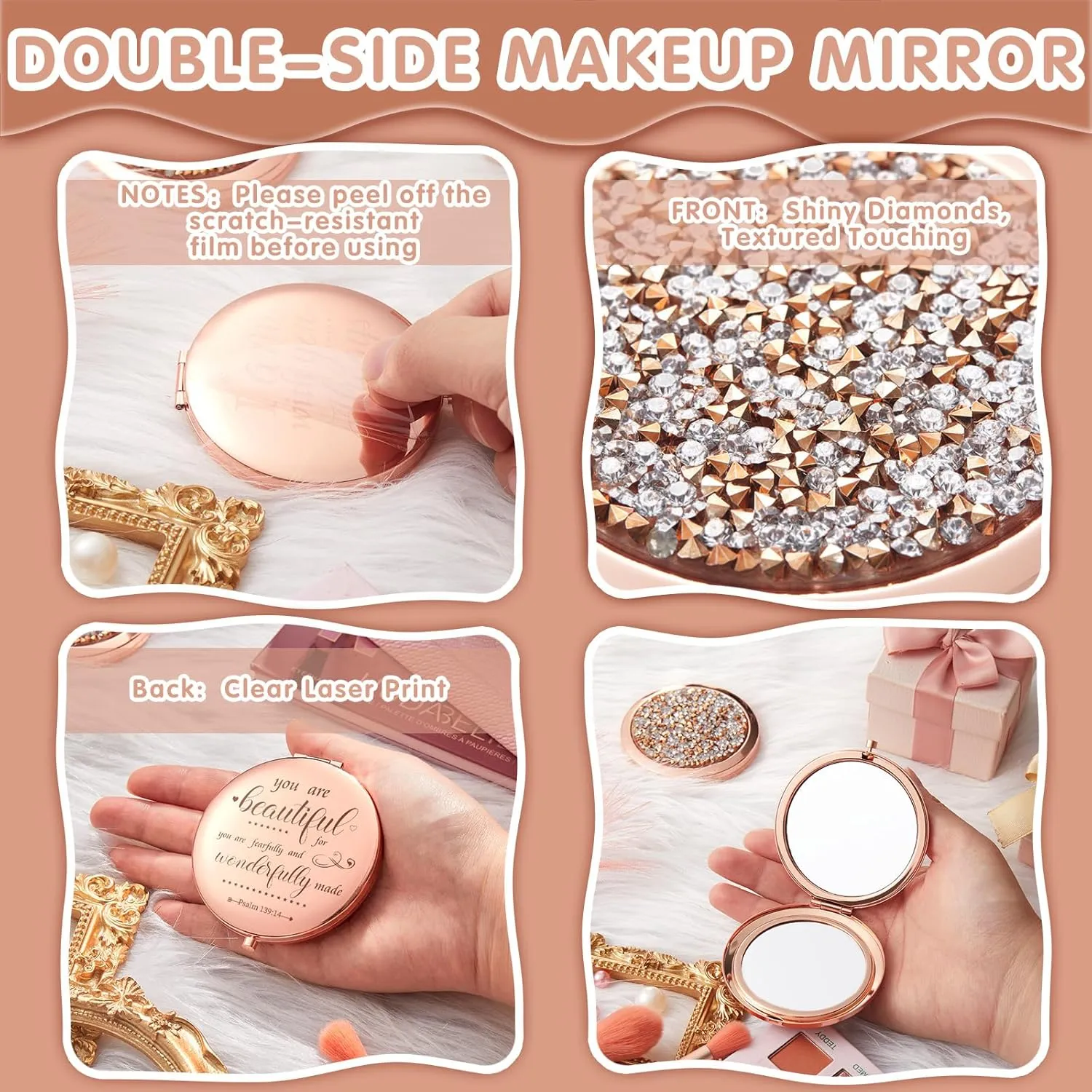 Thyle 12 Pcs Christian Compact Mirror Gifts for Women Bible Verse Bulk Hand Makeup Compact Purse Mirror Inspirational Religious Baptism Gift for Women Nurse CNA Week(Rose Gold)