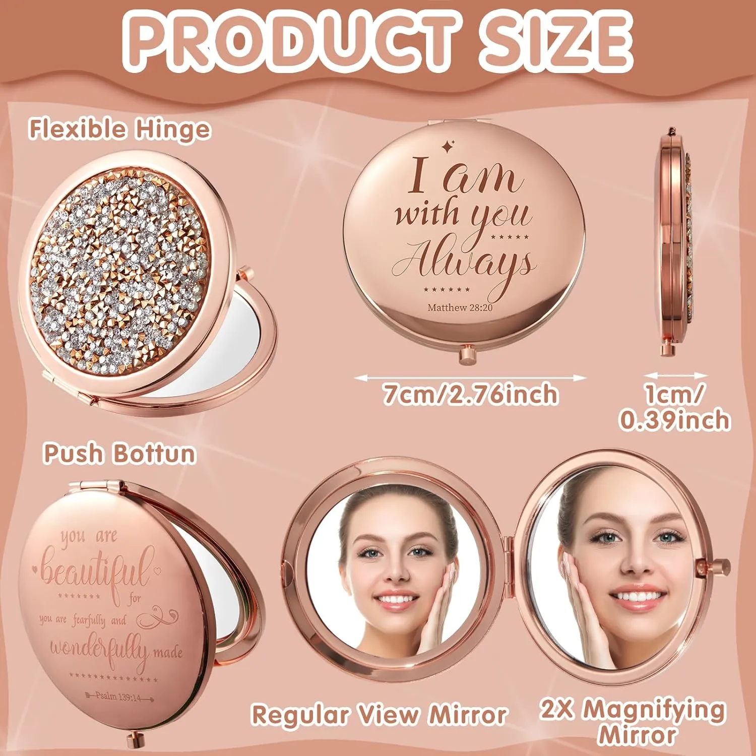 Thyle 12 Pcs Christian Compact Mirror Gifts for Women Bible Verse Bulk Hand Makeup Compact Purse Mirror Inspirational Religious Baptism Gift for Women Nurse CNA Week(Rose Gold)