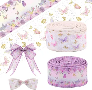 Tigeen 2 Rolls 20 Yards Purple Butterfly Ribbon for Baby Shower 1.6" Wired Edge Burlap Floral Butterfly Spring Ribbon for Gift Wrapping Bow Wreath Making for DIY Crafts Birthday Wedding Party Decor