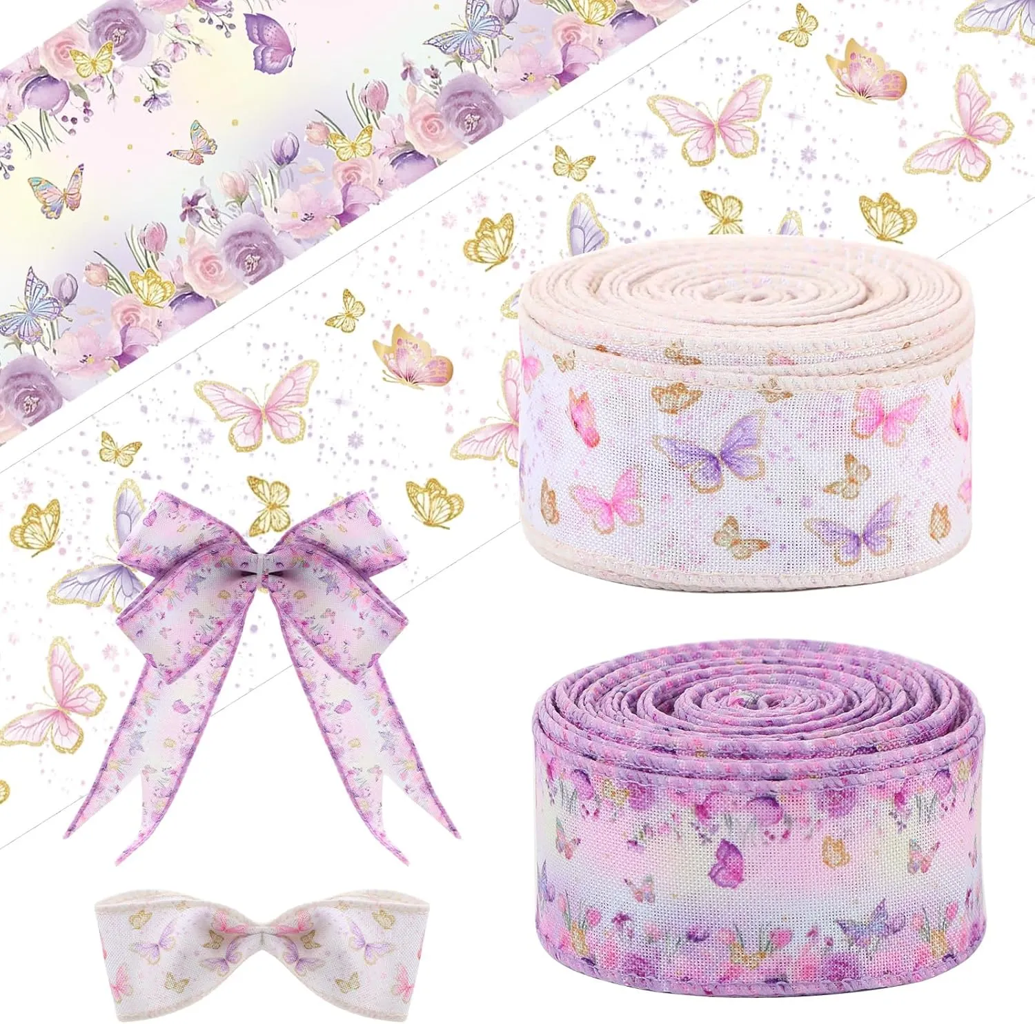 Tigeen 2 Rolls 20 Yards Purple Butterfly Ribbon for Baby Shower 1.6" Wired Edge Burlap Floral Butterfly Spring Ribbon for Gift Wrapping Bow Wreath Making for DIY Crafts Birthday Wedding Party Decor