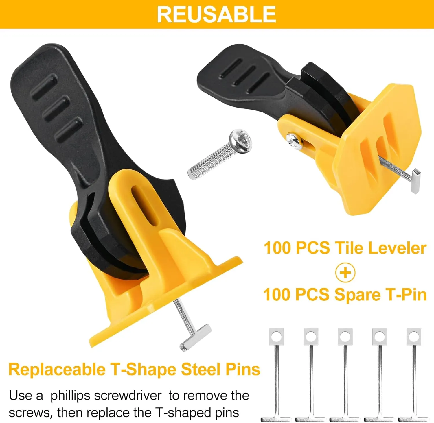 Tile Leveling System Pro Tools Kit Tile Spacers 100Pcs Reusable Floor Leveling Compounds Adjustable Fits 8-12mm Tiles 100Pcs Replaceable Spare Steel T-Pin Tile Leveler Easy for Wall Floor Installation