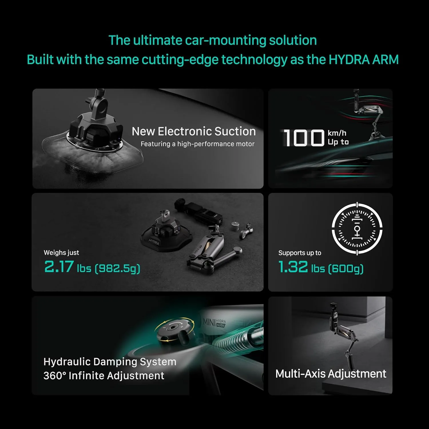 Tilta Hydra Alien Mini Electronic Suction Cup Kit - Titanium Gray | Compatible with DJI Pocket 3, and Other Action cams/Smartphones | Hydraulic Damping | Adjustable Arm