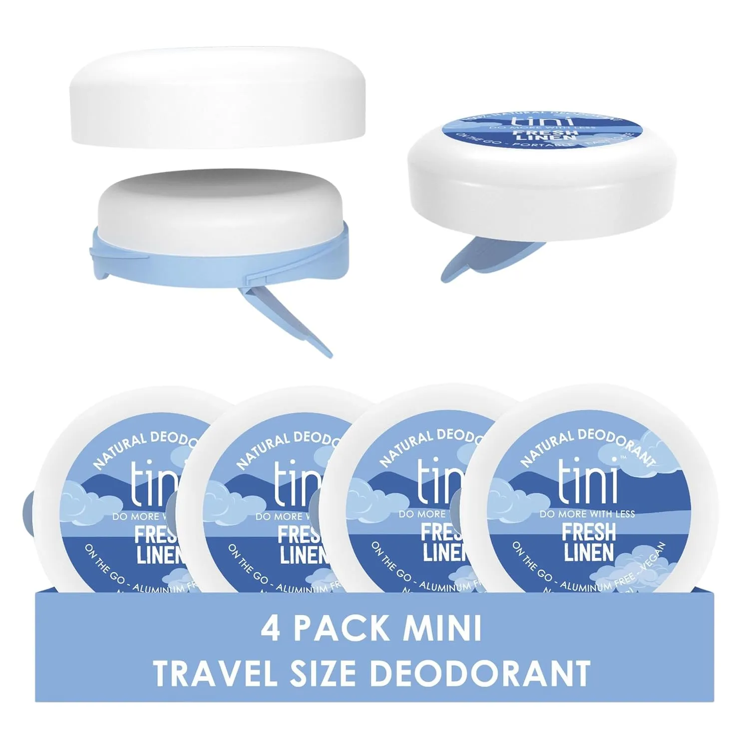 Tini Naturals Mini Travel Size Deodorant, Unisex Aluminum Free Deodorant with Coconut Oil & Shea Butter, 0.4oz each (4 Pack), Fresh Linen Scent