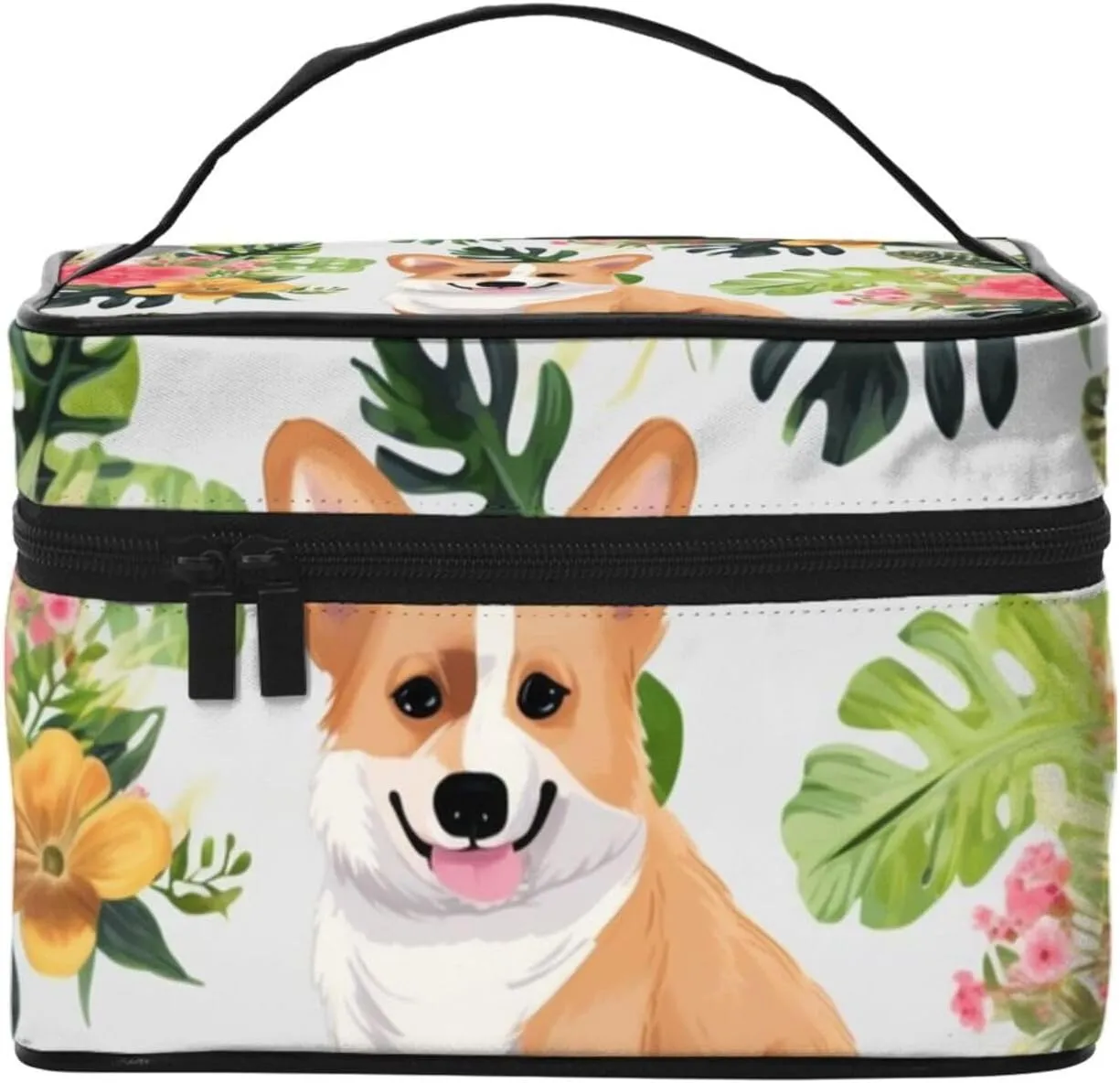 Toiletry Bag for Women Men Dopp Kit Travel Makeup Bag Make Up Organizers Cosmetic Bag Tropical Flower and Corgi Hanging Toiletry Bag Shaving Bag with Large Capacity for Travel