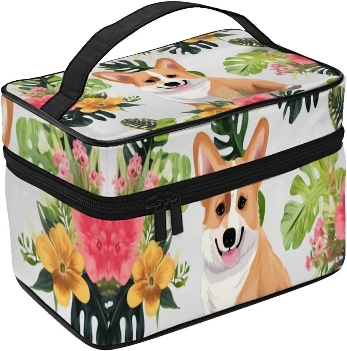 Toiletry Bag for Women Men Dopp Kit Travel Makeup Bag Make Up Organizers Cosmetic Bag Tropical Flower and Corgi Hanging Toiletry Bag Shaving Bag with Large Capacity for Travel