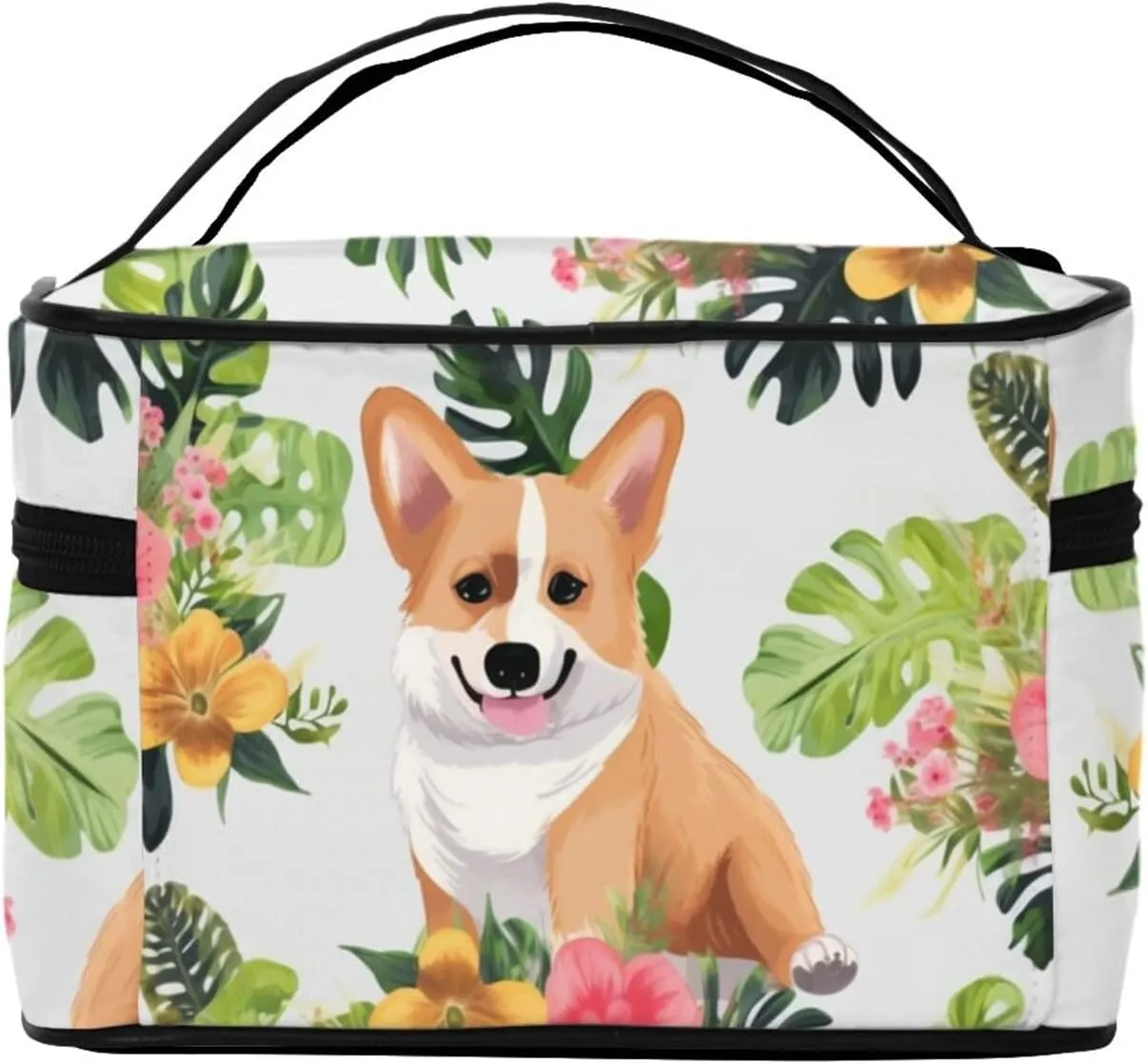 Toiletry Bag for Women Men Dopp Kit Travel Makeup Bag Make Up Organizers Cosmetic Bag Tropical Flower and Corgi Hanging Toiletry Bag Shaving Bag with Large Capacity for Travel