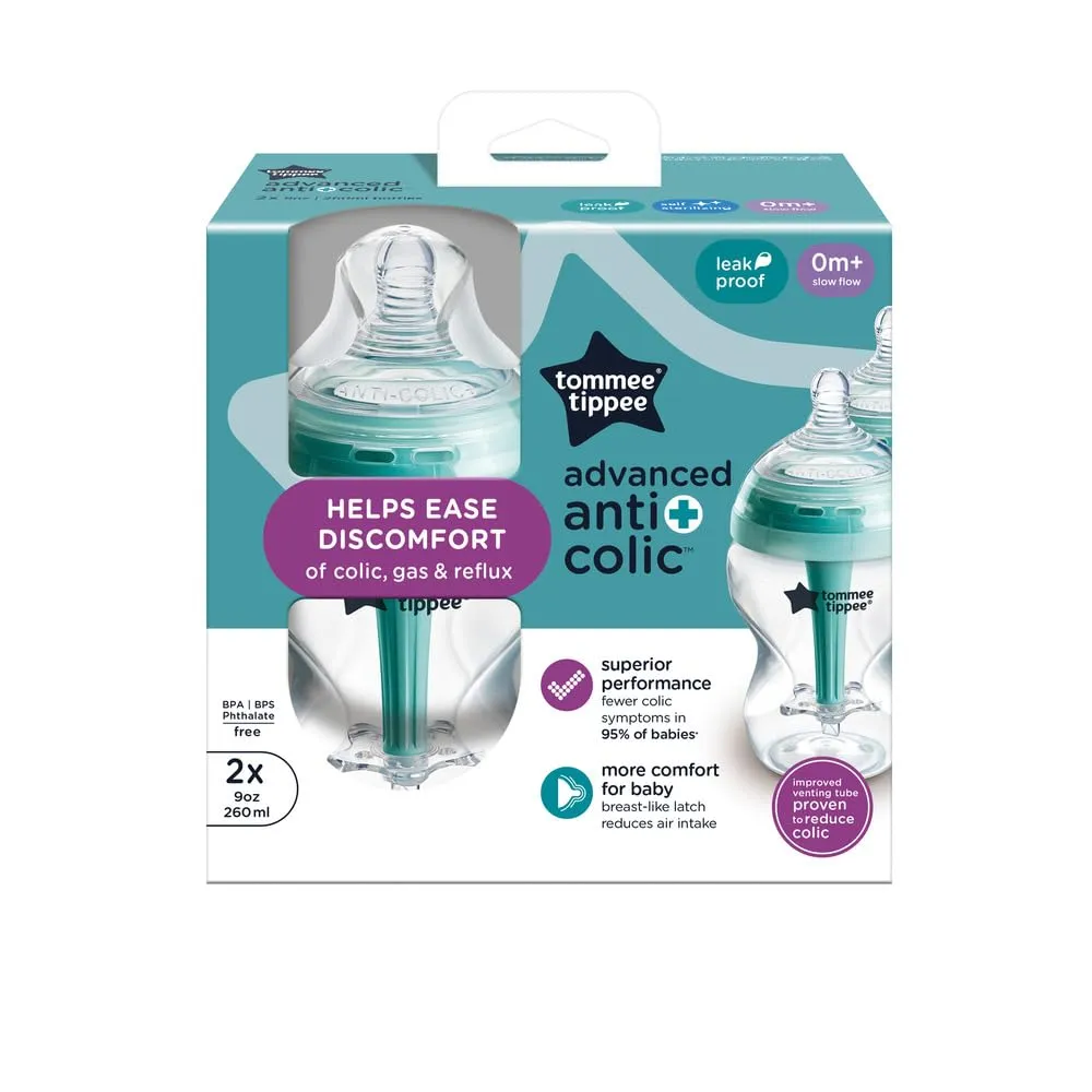 Tommee Tippee Advanced Anti-Colic Baby Bottles, 0m , Pack of 2, 9oz Baby Bottles, with Slow Flow Breast-Like Nipple for Natural Latch, Self-Sterilizing and BPA Free, Baby Feeding Essentials