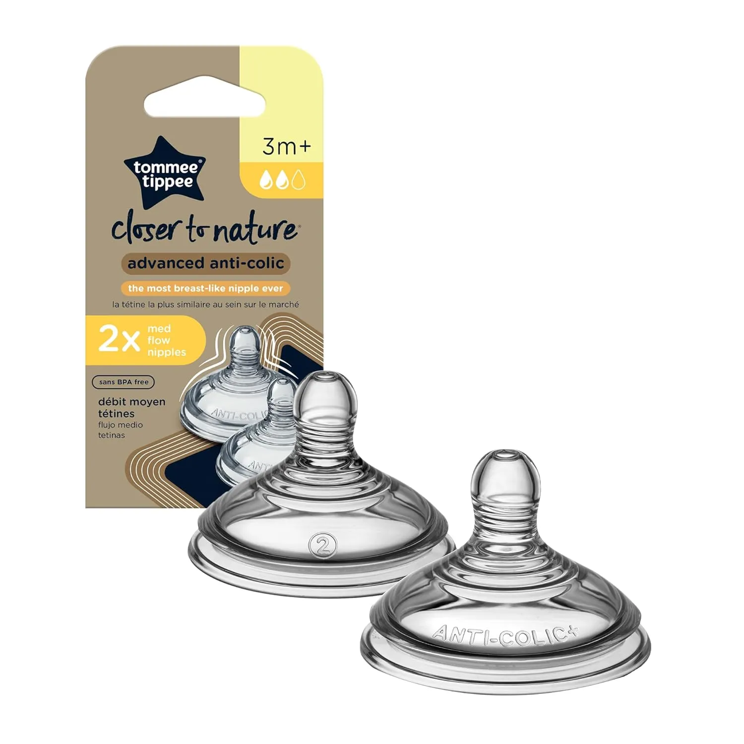 Tommee Tippee Closer to Nature Anti-Colic Baby Bottle, 5oz, Slow-Flow Breast-Like Nipple & Advanced Anti-Colic Baby Bottle Nipples, Breast-Like, Soft Silicone, Medium Flow, 3m , 2 Count