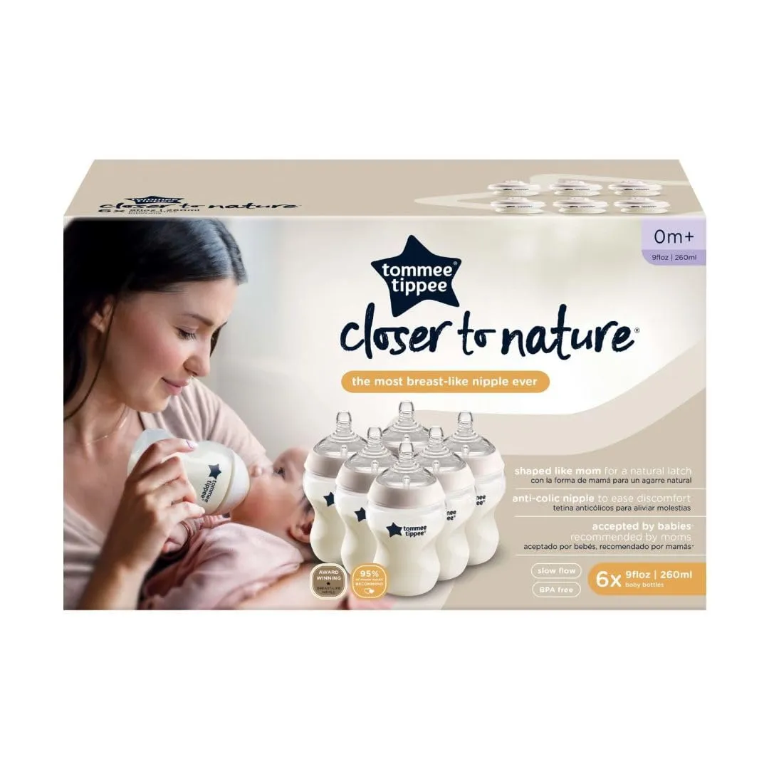Tommee Tippee Closer to Nature Baby Bottles | Slow Flow Breast-Like Nipple with Anti-Colic Valve (9oz, 6 Count)