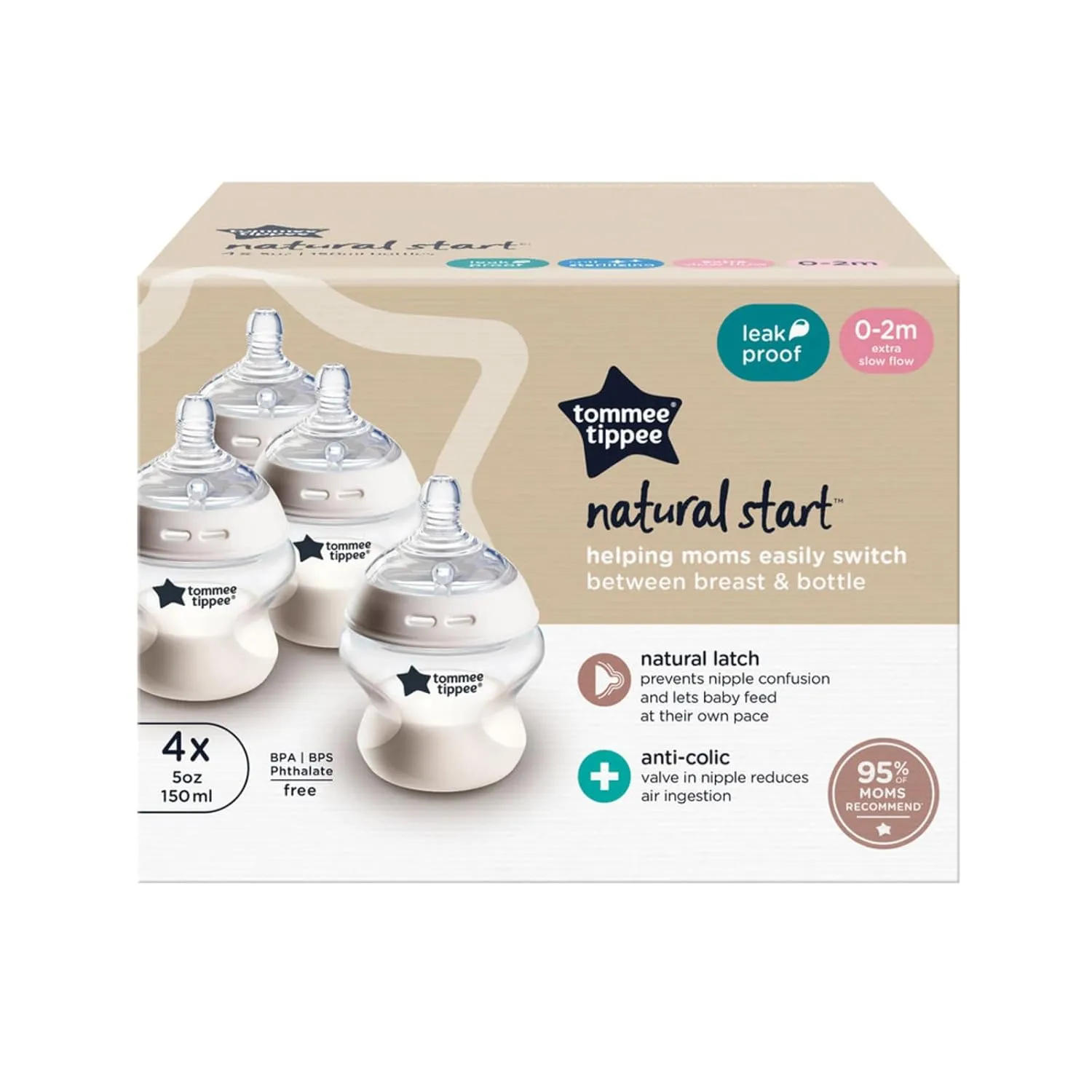 Tommee Tippee Natural Start Anti-Colic BPA Free Baby Bottles, 5oz, Newborn 0  Months, Slow Flow Breast-Like Nipple, Designed for Seamless Transitions Between Bottle and Breast, Pack of 4