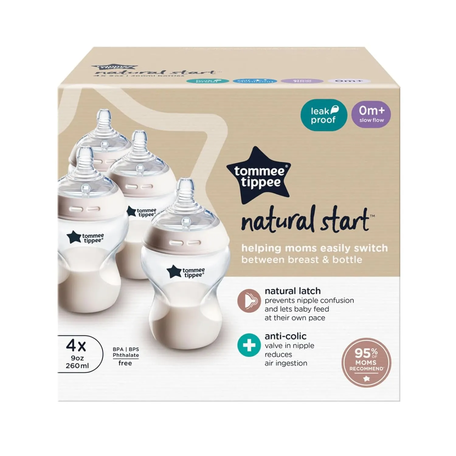 Tommee Tippee Natural Start Anti-Colic BPA Free Baby Bottles, 9oz, Slow-Flow Breast-Like Nipple for a Natural Latch, Designed for Seamless Transitions Between Bottle and Breast, Pack of 4