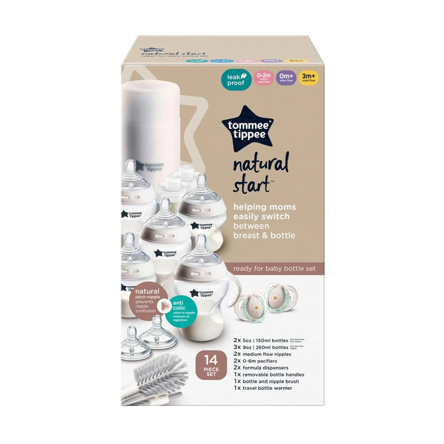 Tommee Tippee Natural Start Ready for Baby BPA Free Bottle 14 Piece Set, 2 x 5oz and 3 x 9oz Anti-Colic Bottles, Slow and Medium Flow Nipples, 0-6 Month Pacifiers, Clear