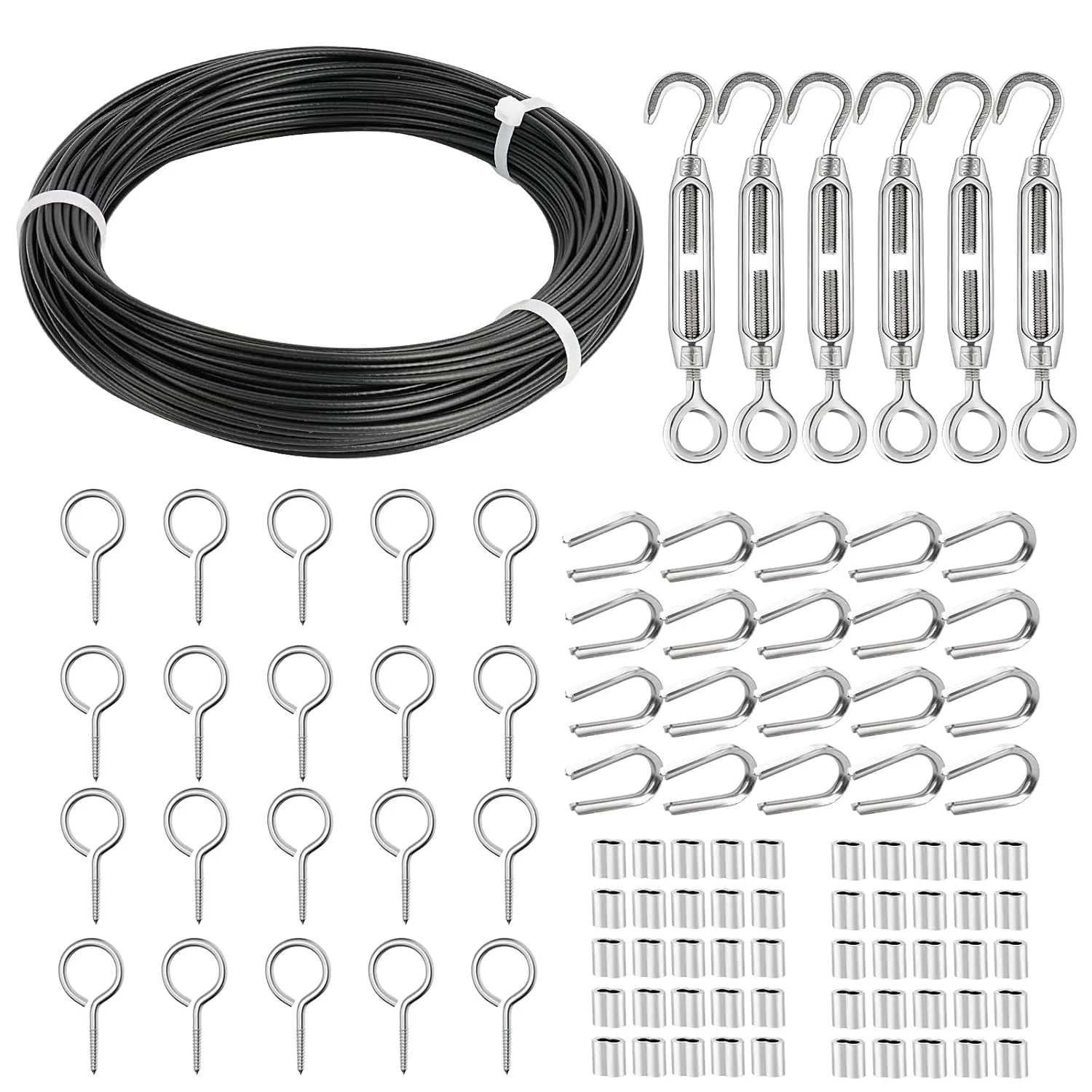 TooTaci 1/16 Turnbuckle Wire Tensioner Kit, 100ft Black Vinyl Coated Stainless Steel Cable with Turnbuckles for Cables Wire Trellis Kit for Climbing Plants, Outdoor String Light Hanging, Curtain