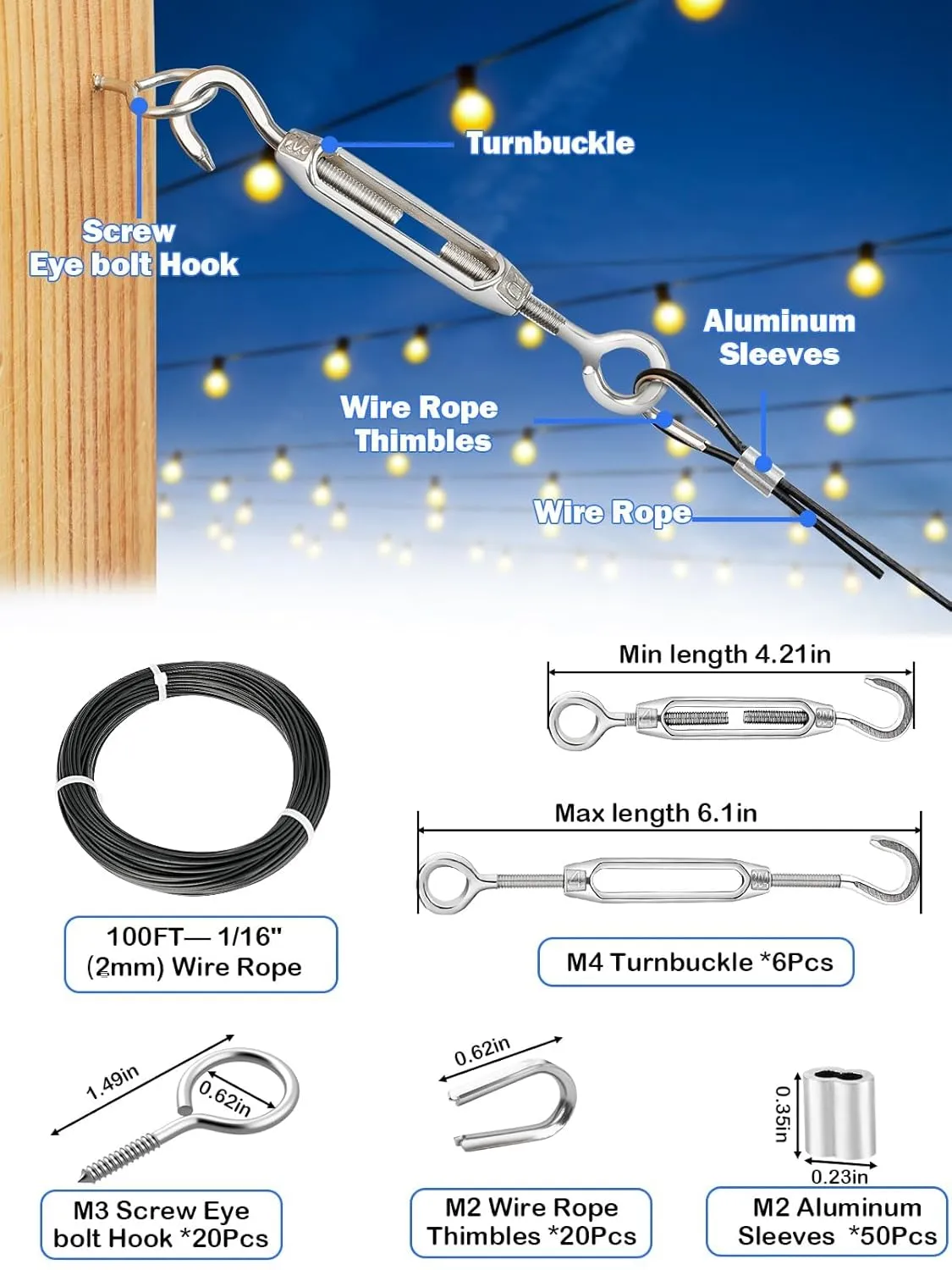 TooTaci 1/16 Turnbuckle Wire Tensioner Kit, 100ft Black Vinyl Coated Stainless Steel Cable with Turnbuckles for Cables Wire Trellis Kit for Climbing Plants, Outdoor String Light Hanging, Curtain
