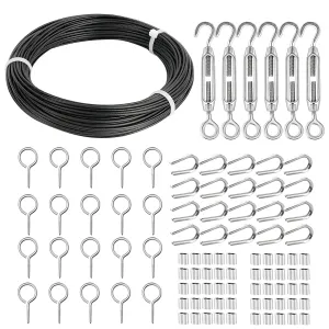 TooTaci 1/16 Turnbuckle Wire Tensioner Kit, 100ft Black Vinyl Coated Stainless Steel Cable with Turnbuckles for Cables Wire Trellis Kit for Climbing Plants, Outdoor String Light Hanging, Curtain