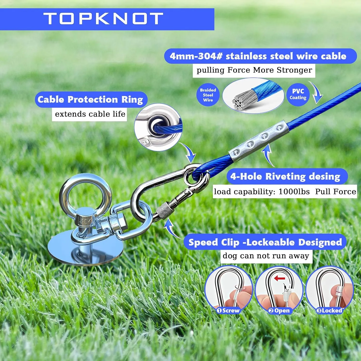 TOPKNOT Dog Tie Out Cable and Stake,with 30FT Heavy Duty Cable,360°Swivel Dog Run- No Tangle,Runner for Yard - Up to 150LBS,Ideal for Outdoor Camping
