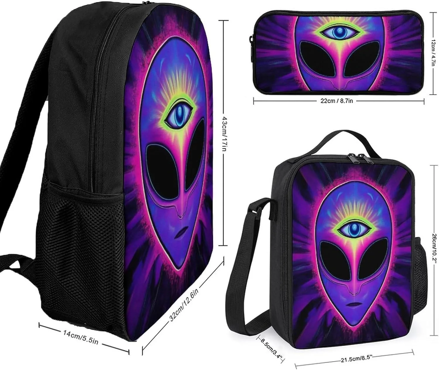 Travel Backpack Set, 17 Inch College Backpack with Thermal Lunch Bag Trippy Eyes Blue Tie Dye Alien Pencil Pouch Casual Bookbag Insulated Meal Bag