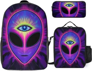 Travel Backpack Set, 17 Inch College Backpack with Thermal Lunch Bag Trippy Eyes Blue Tie Dye Alien Pencil Pouch Casual Bookbag Insulated Meal Bag