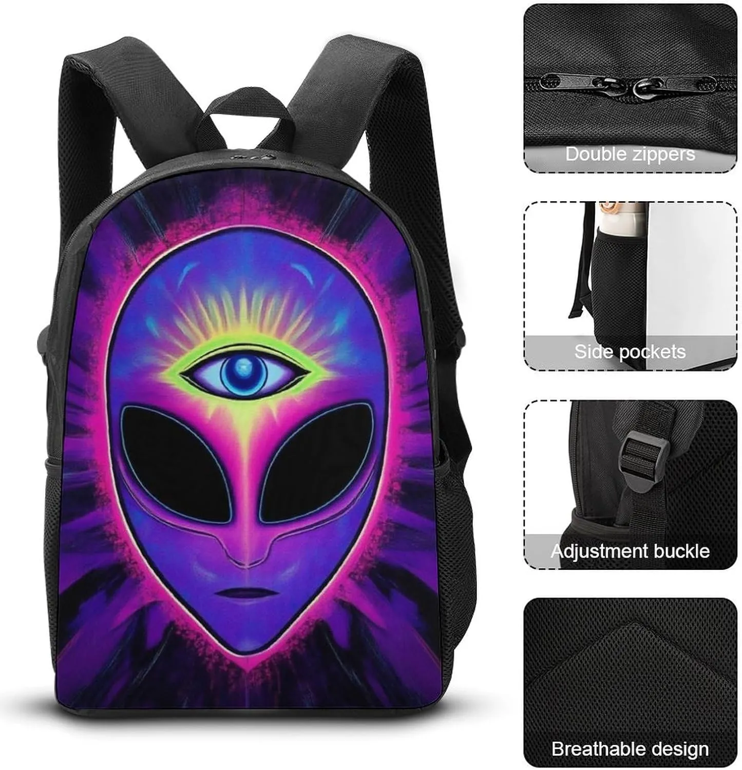 Travel Backpack Set, 17 Inch College Backpack with Thermal Lunch Bag Trippy Eyes Blue Tie Dye Alien Pencil Pouch Casual Bookbag Insulated Meal Bag