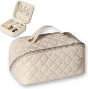 Travel Cosmetic Bag with Jewelry Organizer for Women – Makeup and Toiletry Bag with Separate Jewelry Case for Rings, Earrings, Necklaces – Stylish Travel Gift for Women, Teens, and Girls