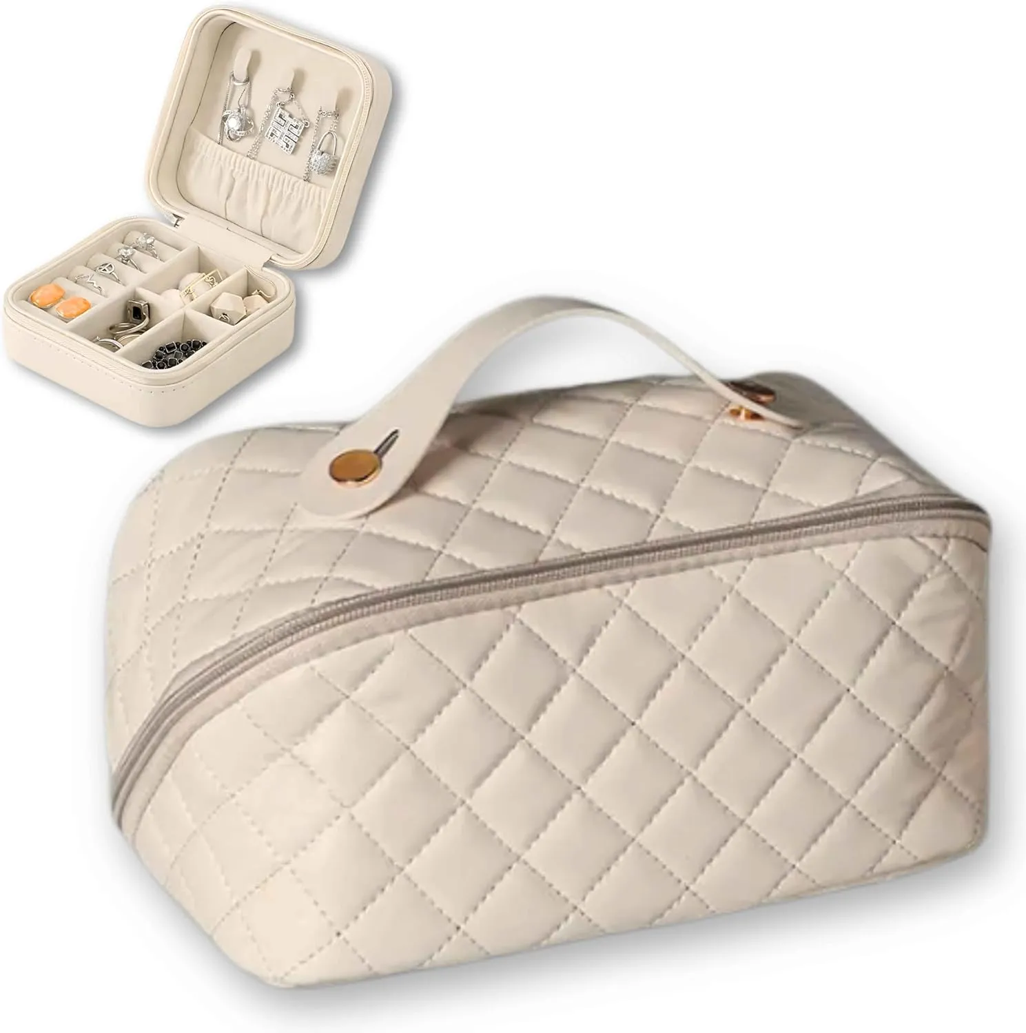 Travel Cosmetic Bag with Jewelry Organizer for Women – Makeup and Toiletry Bag with Separate Jewelry Case for Rings, Earrings, Necklaces – Stylish Travel Gift for Women, Teens, and Girls