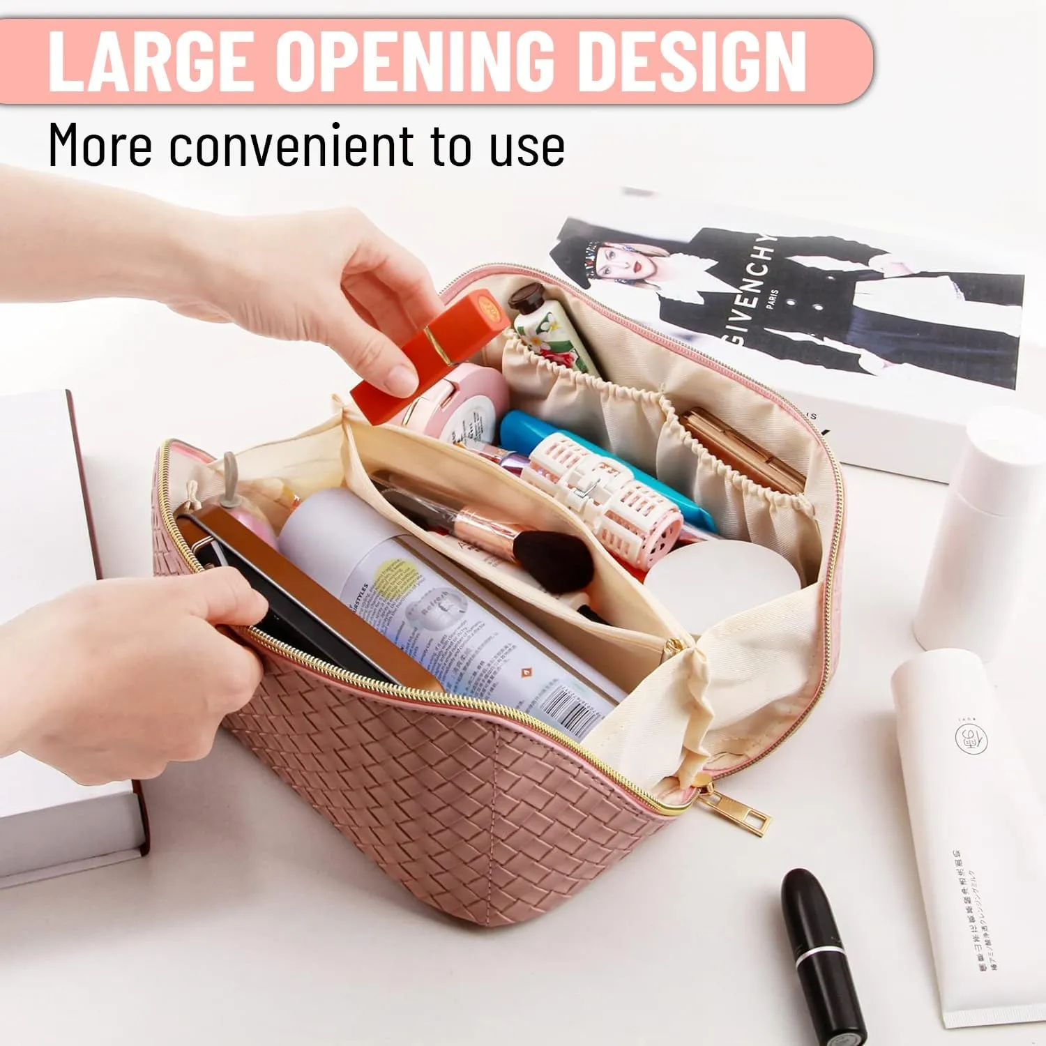 Travel Cosmetic Bags for Women - PU Leather Makeup Bag with Led Pocket Mirror - Waterproof Make up Organizers Bag - Makeup Toiletry Travel Bag - Cosmetics Organizer Bag - Makeup Travel Case