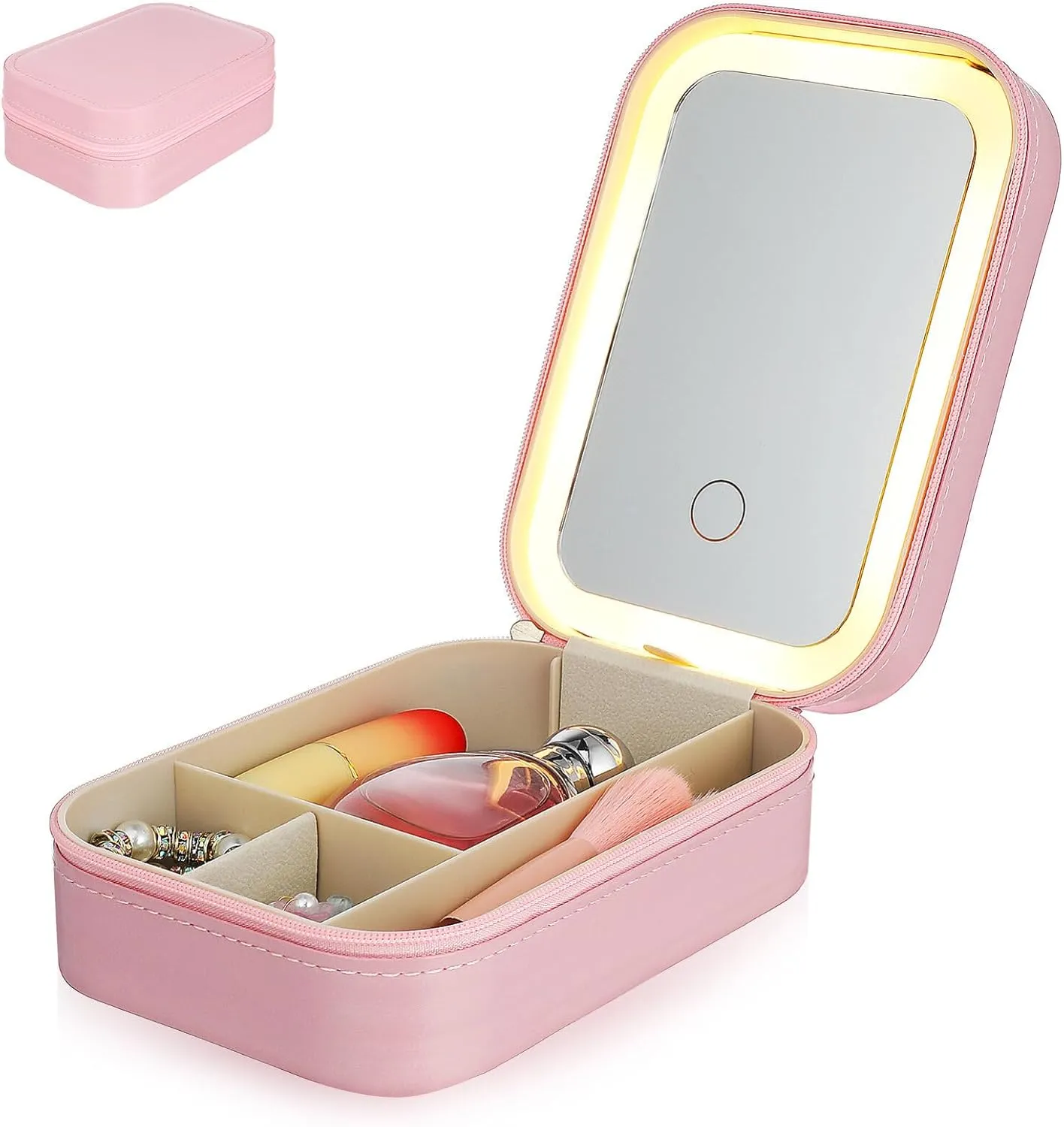 Travel Makeup Organizer with Led Mirror Compact Vanity Case for Small Accessories Portable Makeup Bag for Women Divided Compartments for Easy Storage
