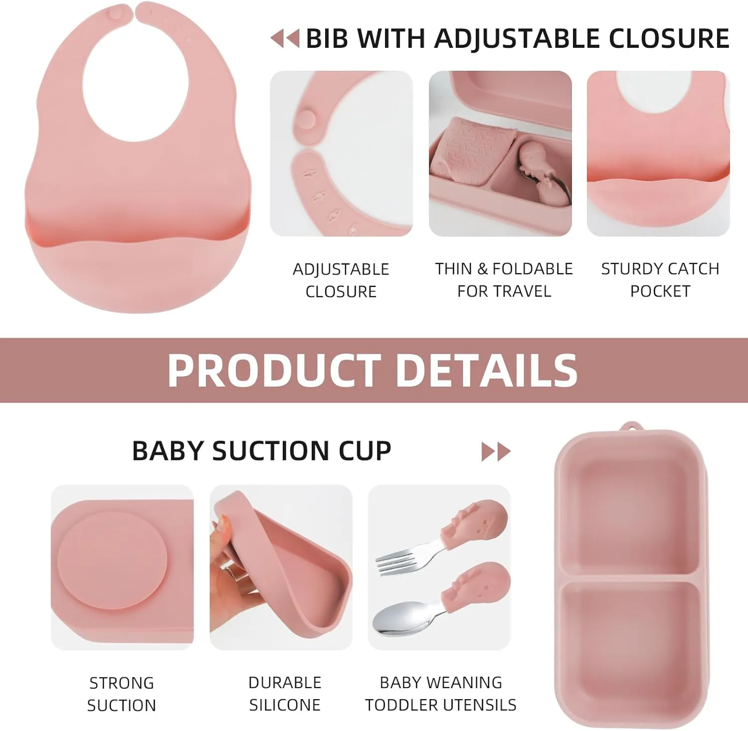 Travel Silicone Baby Feeding Set with 316 Stainless Steel Spoon & Fork ,Silicone Suction Plates, Foldable Bib, Storage Bag - Portable Infant Toddler Utensils, 6-Piece BPA-Free Dishware Kit（pink）