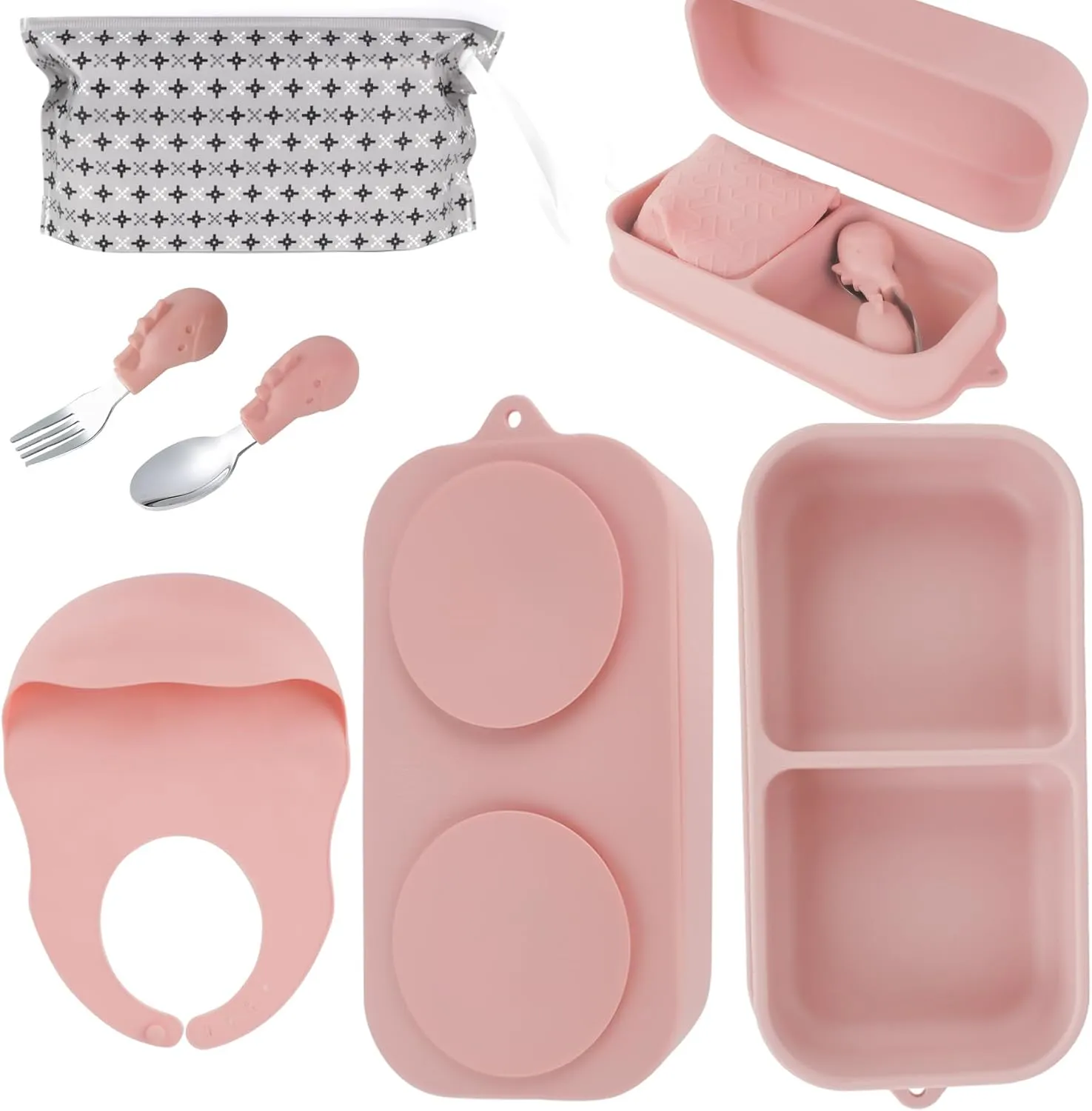 Travel Silicone Baby Feeding Set with 316 Stainless Steel Spoon & Fork ,Silicone Suction Plates, Foldable Bib, Storage Bag - Portable Infant Toddler Utensils, 6-Piece BPA-Free Dishware Kit（pink）