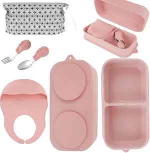 Travel Silicone Baby Feeding Set with 316 Stainless Steel Spoon & Fork ,Silicone Suction Plates, Foldable Bib, Storage Bag - Portable Infant Toddler Utensils, 6-Piece BPA-Free Dishware Kit（pink）