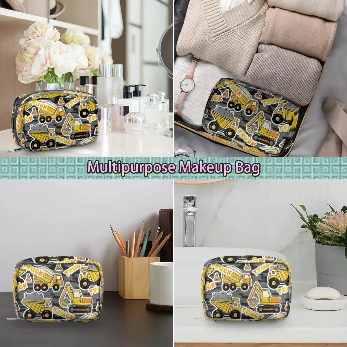 Travel Toiletry Bag for Kids, Cute Small Makeup Pouch for Boys Girls, Waterproof Wash Bag Cosmetic Weekender Bag Toddler Traveling Toiletries(Truck Bulldozer)