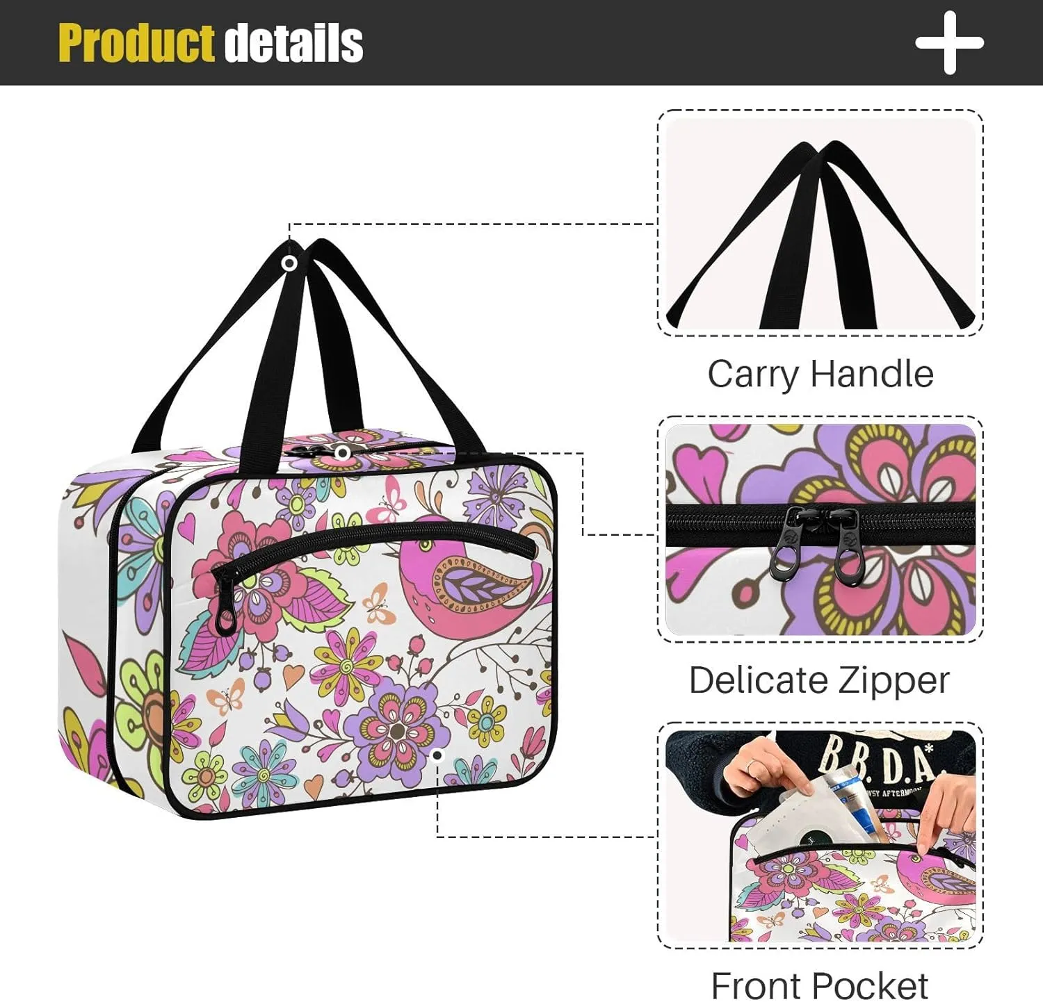 Travel Toiletry Bag Hanging Cosmetic Bag Compact Toiletry Bag with Large Capacity for Women Large Bird and Flower