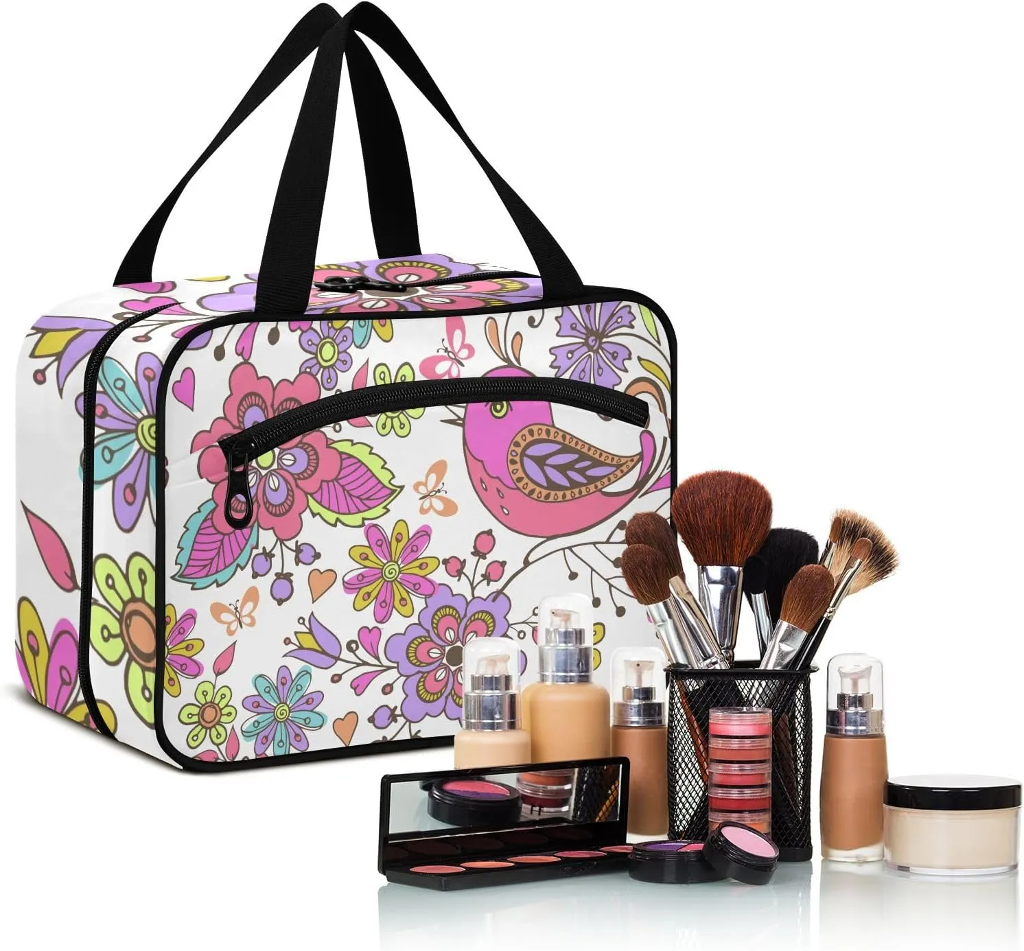 Travel Toiletry Bag Hanging Cosmetic Bag Compact Toiletry Bag with Large Capacity for Women Large Bird and Flower
