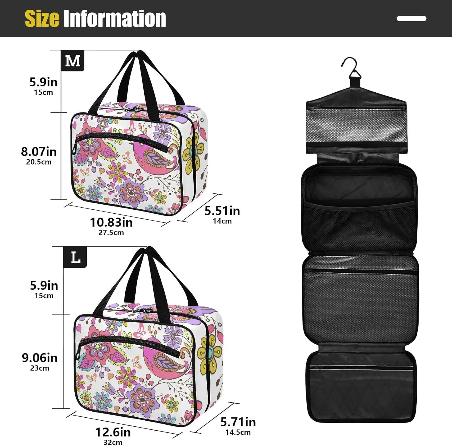 Travel Toiletry Bag Hanging Cosmetic Bag Compact Toiletry Bag with Large Capacity for Women Large Bird and Flower