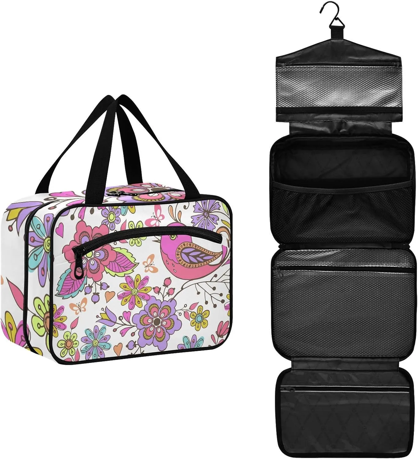 Travel Toiletry Bag Hanging Cosmetic Bag Compact Toiletry Bag with Large Capacity for Women Large Bird and Flower
