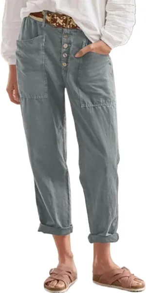 Trendy Button-Fly Straight Leg Pants for Women 2024 Spring Cotton Linen High Waist Lounge Slacks Plus Size Solid Casual Pants