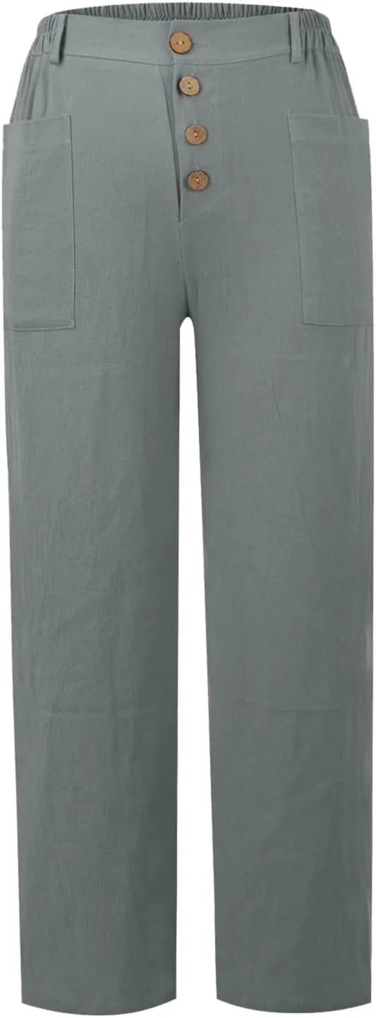 Trendy Button-Fly Straight Leg Pants for Women 2024 Spring Cotton Linen High Waist Lounge Slacks Plus Size Solid Casual Pants