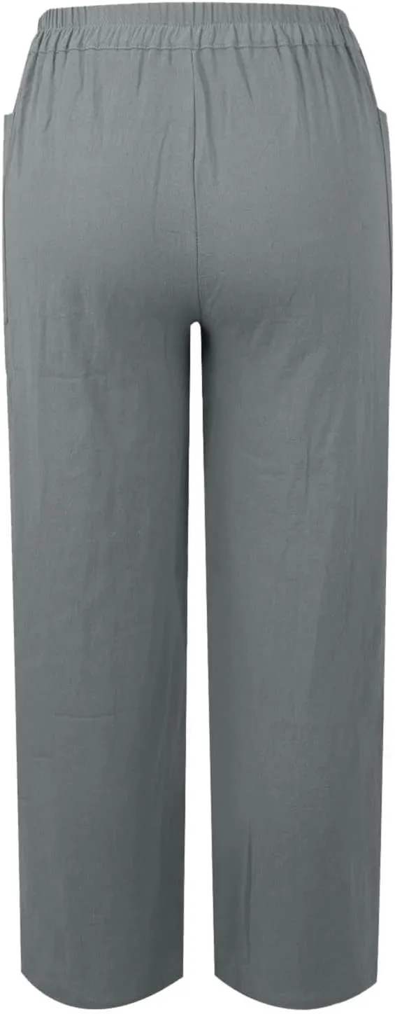 Trendy Button-Fly Straight Leg Pants for Women 2024 Spring Cotton Linen High Waist Lounge Slacks Plus Size Solid Casual Pants