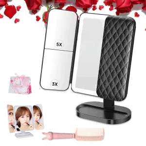 Trifold LED Makeup Mirror - Smart Vanity Mirror with 3 Color LED Lighting and Magnification - Perfect for Makeup Application and Grooming