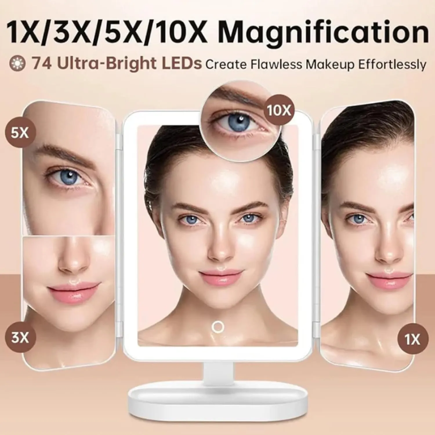 Trifold LED Makeup Mirror - Smart Vanity Mirror with 3 Color LED Lighting and Magnification - Perfect for Makeup Application and Grooming