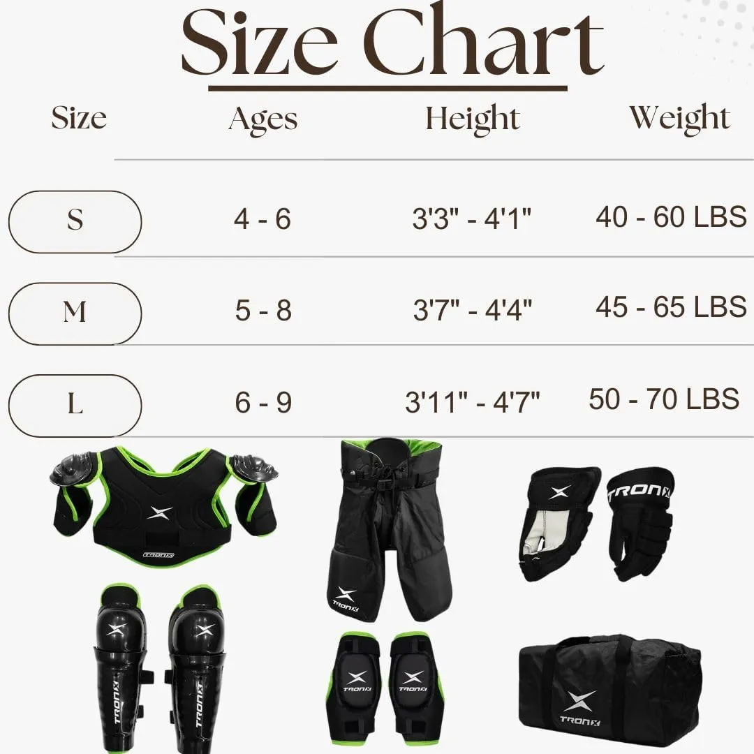 TronX Hockey Protective Gear Set - Ice Hockey Equipment with Bag - Youth Hockey Gear Kit- Shoulder, Elbow, Shin Pads, Gloves, Pants & Bag