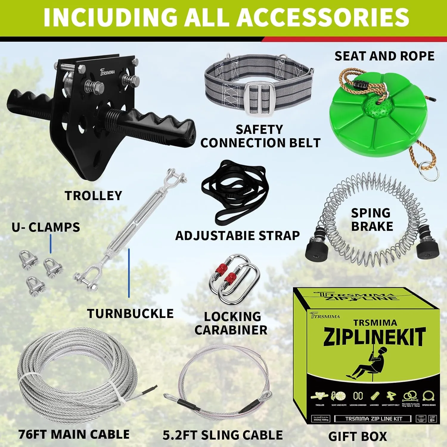TRSMIMA Zipline Backyard Kit - 76ft Zip line Zipline Trolley Stainless Steel Spring Brake System