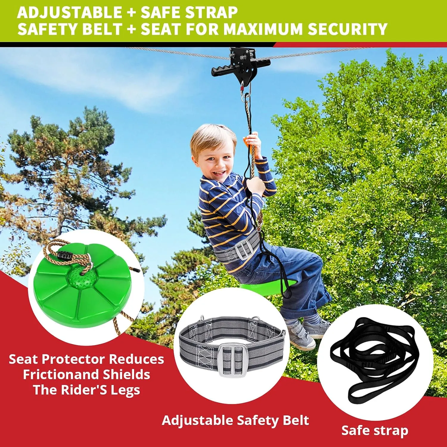 TRSMIMA Zipline Backyard Kit - 76ft Zip line Zipline Trolley Stainless Steel Spring Brake System