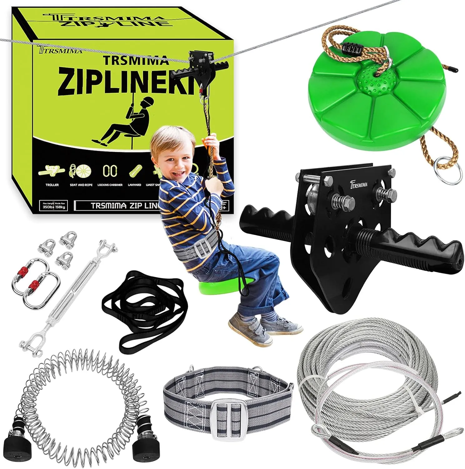 TRSMIMA Zipline Backyard Kit - 76ft Zip line Zipline Trolley Stainless Steel Spring Brake System