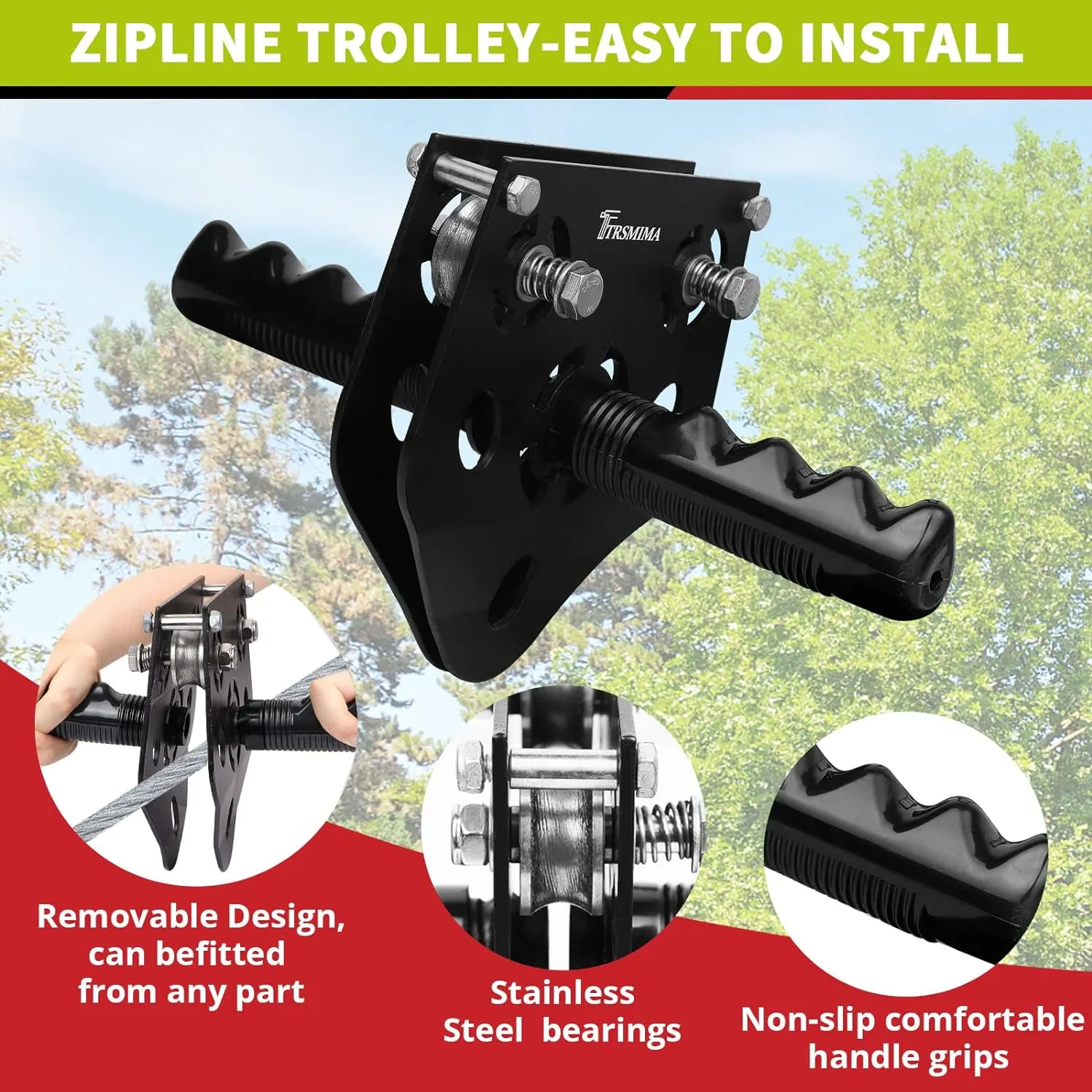 TRSMIMA Zipline Backyard Kit - 76ft Zip line Zipline Trolley Stainless Steel Spring Brake System