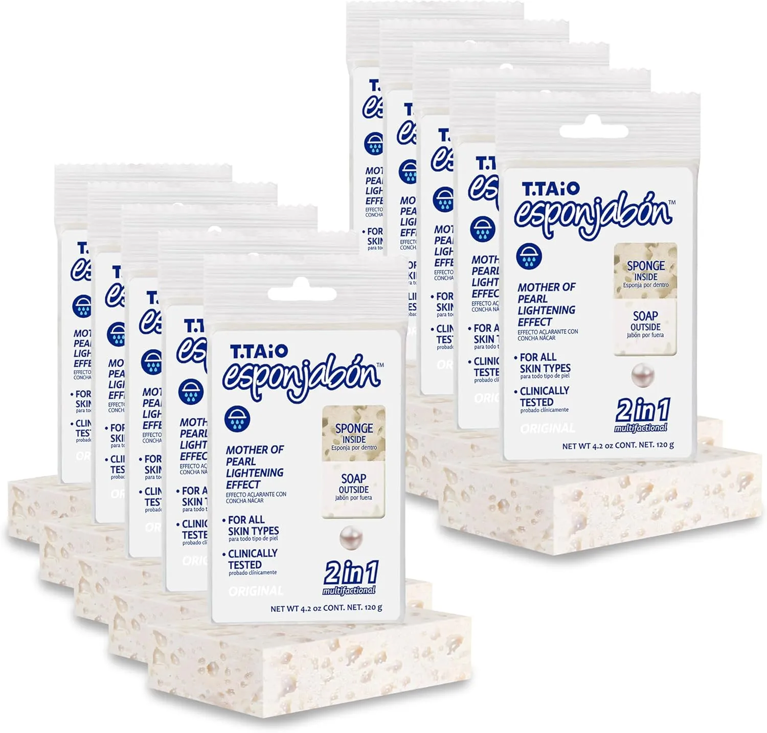 T.Taio Esponjabon Mother of Pearl Soap Sponge - Cleansing Shower Scrubber - Cleaning Bath Wash Scrub - Oil Removal - Massage & Lather Foot, Elbow, & Face - Bathroom Accessories - Fresh Scent (10-pack)