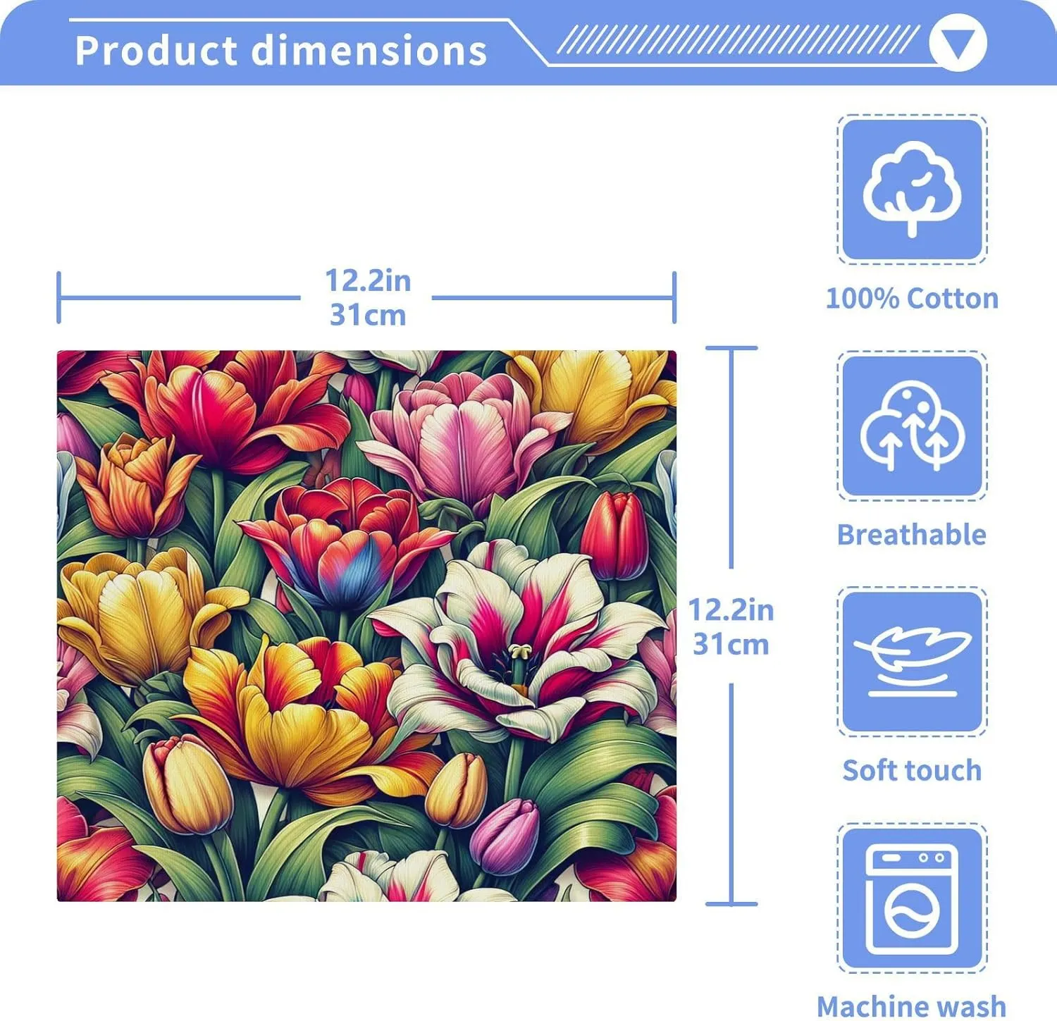 Tulips Floral Washcloths Towels, Highly Absorbent and Soft Cotton Face Cloths, 6 Pack Quick Dry Wash Cloths - 12 X 12 Inches