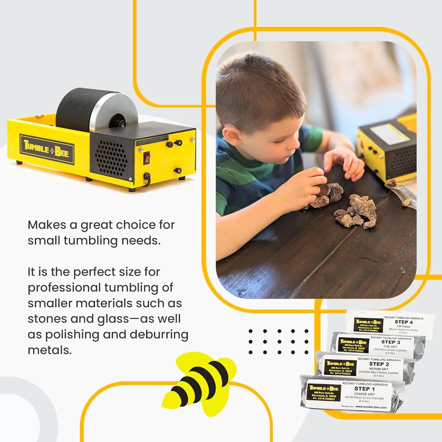 Tumble-Bee Rock Tumbler - Single Tumbler for Adults and Kids - Rotary Machine for Stone, Rock, Metal and Sea Glass - Polishing Machine Kit for Professionals & Hobbyists - Model TB-12-KIT