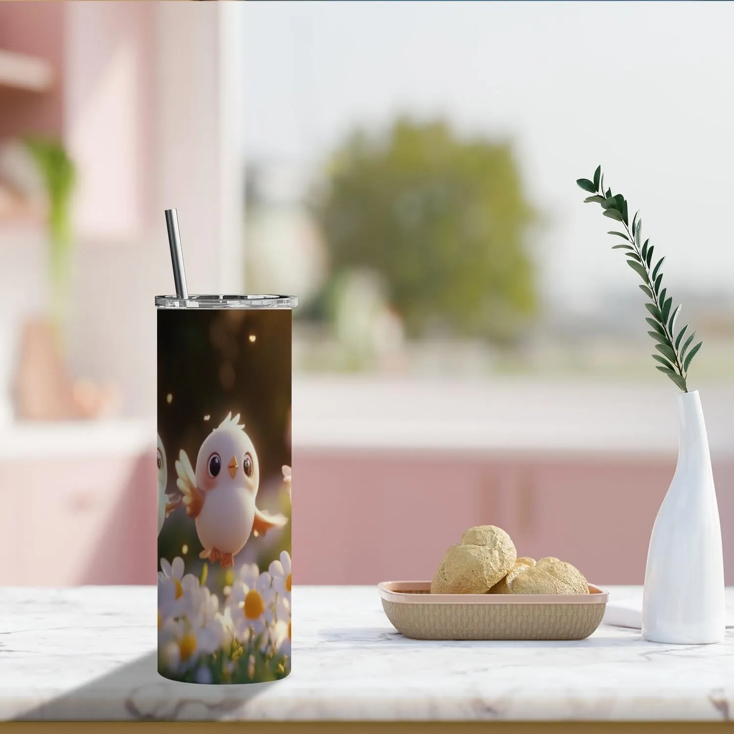 Tumbler with Lid and Straw Cartoon Pink Bird Print thermos coffee travel mugcute cups 20 oz insulated tumbler for Daily Holiday Decor Gift coffee cup